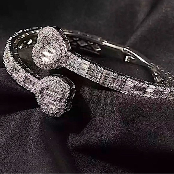 Open Heart Silver Baguette Iced Out Cubic Zircon Diamond Bangle Cuff Bracelet - Picture 3 of 13